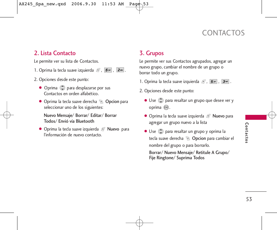 Contactos, Lista contacto, Grupos | LG AX245 User Manual | Page 154 / 200
