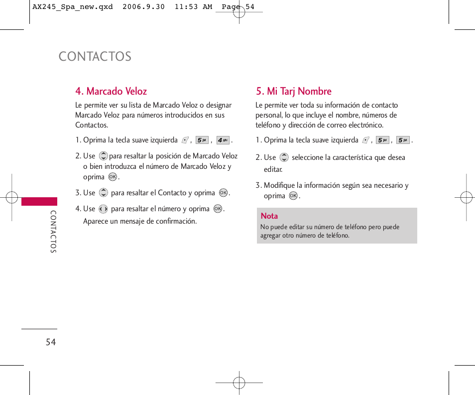 Contactos, Marcado veloz, Mi tarj nombre | LG AX245 User Manual | Page 155 / 200