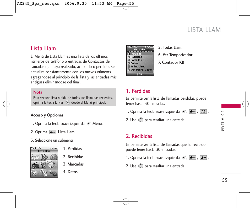 Lista llam, Perdidas, Recibidas | LG AX245 User Manual | Page 156 / 200