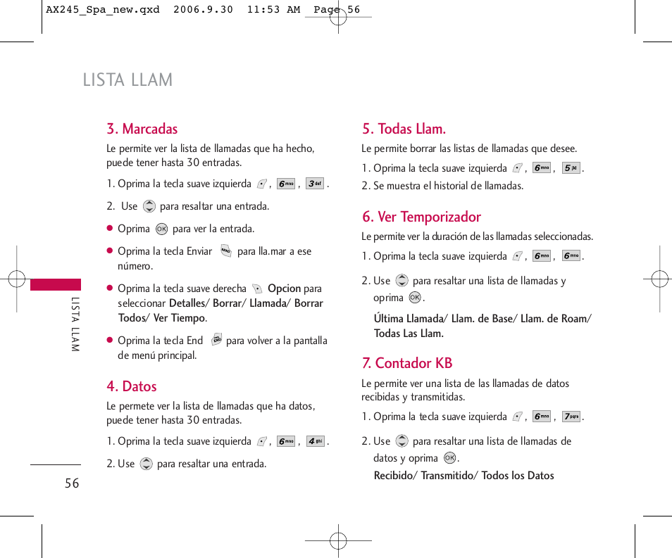 Lista llam, Marcadas, Datos | Todas llam, Ver temporizador, Contador kb | LG AX245 User Manual | Page 157 / 200