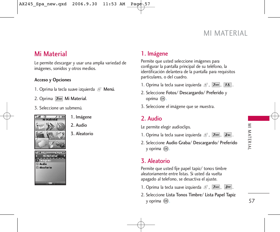 Mi material, Imágene, Audio | Aleatorio | LG AX245 User Manual | Page 158 / 200