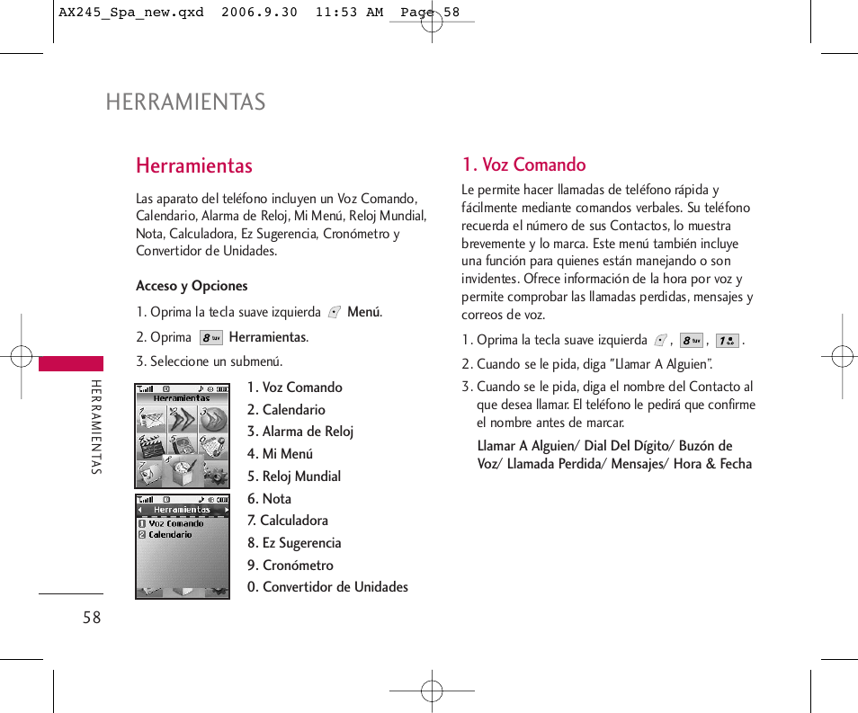 Herramientas, Voz comando | LG AX245 User Manual | Page 159 / 200
