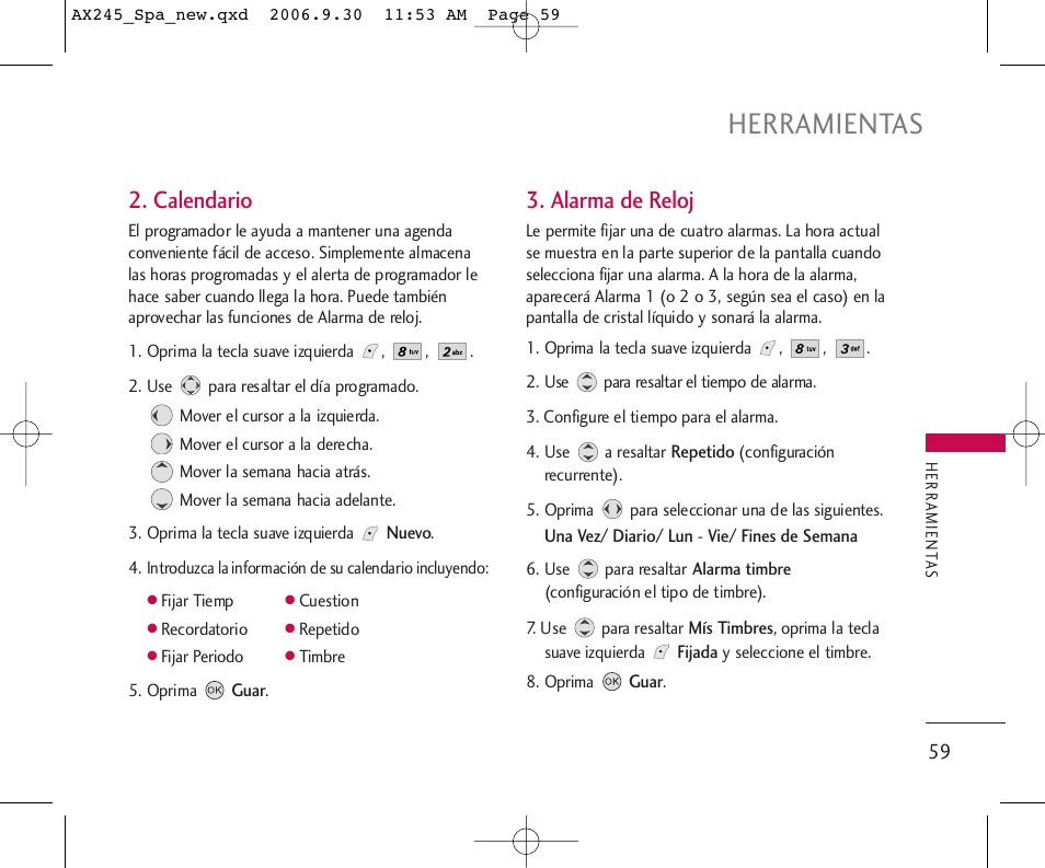 Herramientas, Calendario, Alarma de reloj | LG AX245 User Manual | Page 160 / 200