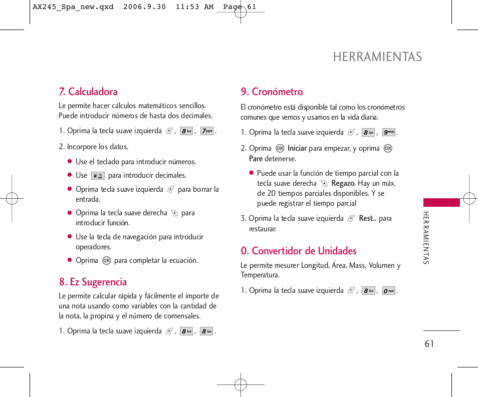 Herramientas, Calculadora, Ez sugerencia | Cronómetro, Convertidor de unidades | LG AX245 User Manual | Page 162 / 200