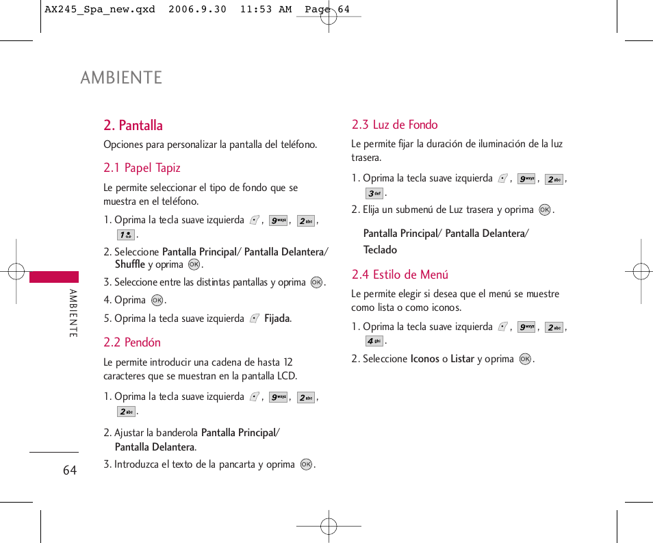 Ambiente, Pantalla | LG AX245 User Manual | Page 165 / 200
