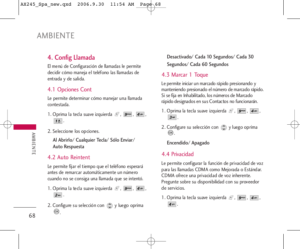 Ambiente, Config llamada | LG AX245 User Manual | Page 169 / 200