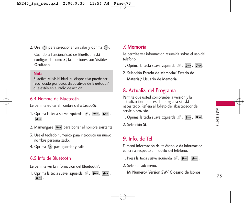 Actualiz. del programa, Info. de tel | LG AX245 User Manual | Page 174 / 200