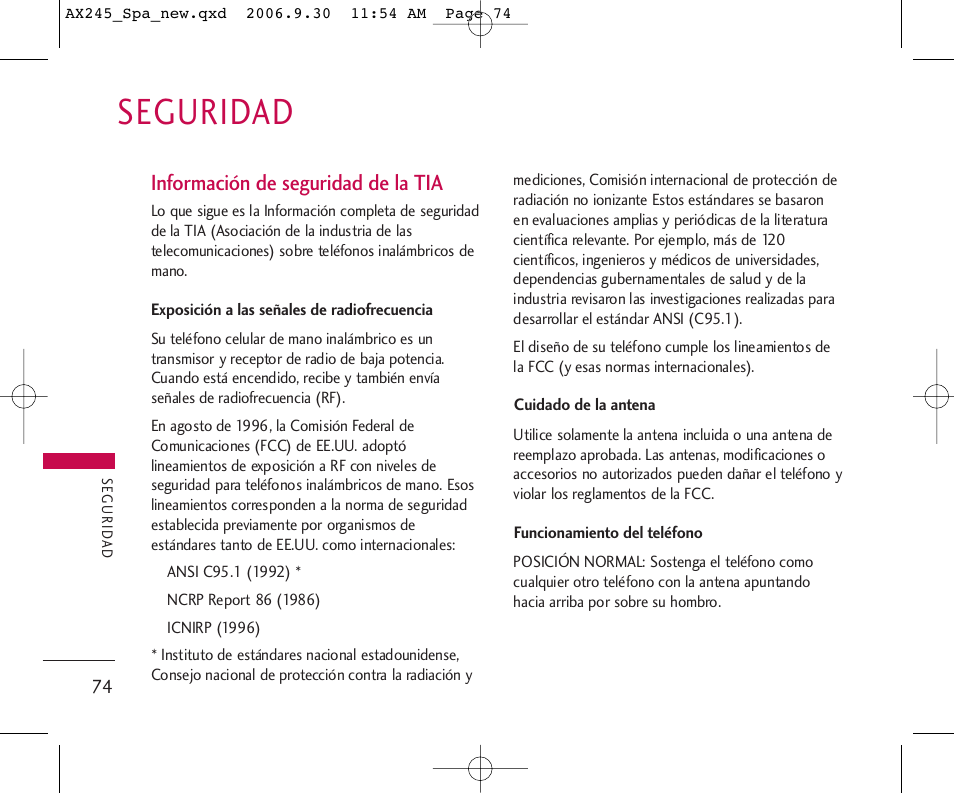 Seguridad, Información de seguridad de la tia | LG AX245 User Manual | Page 175 / 200