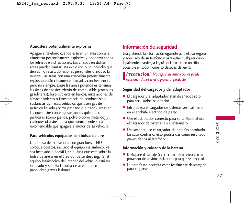 Información de seguridad, Pprreeccaauucciióónn | LG AX245 User Manual | Page 178 / 200