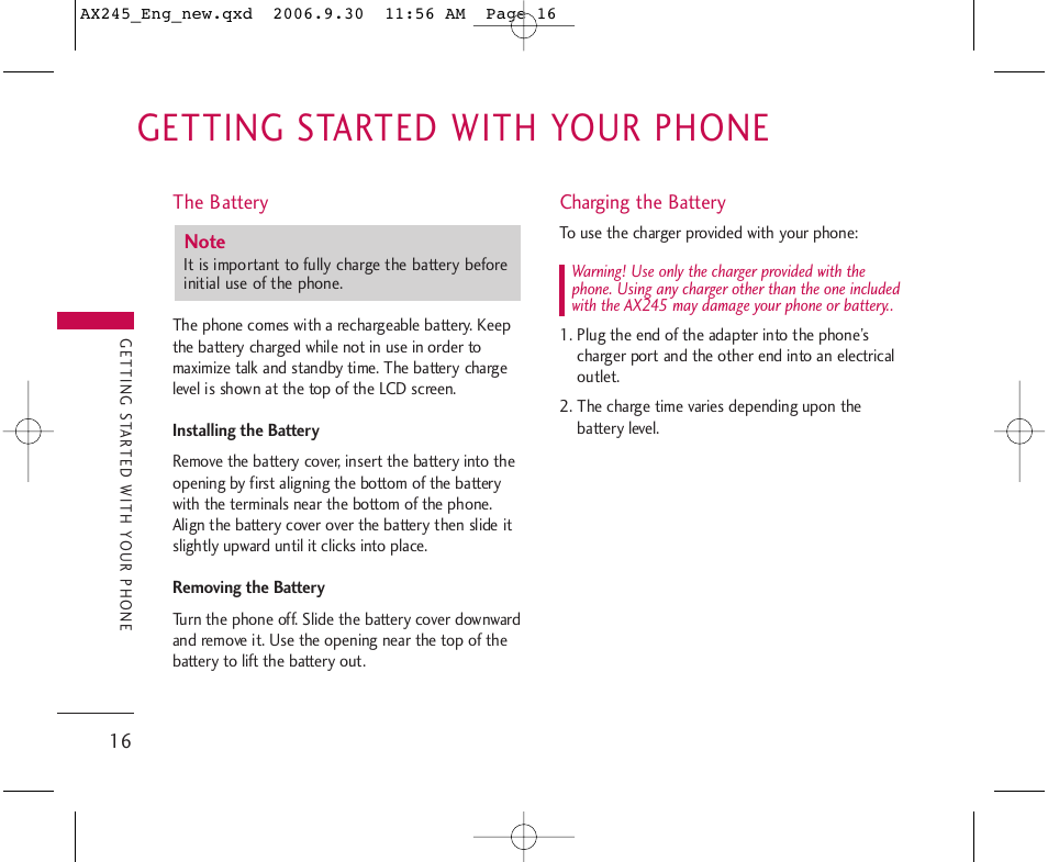 Getting started with your phone | LG AX245 User Manual | Page 18 / 200
