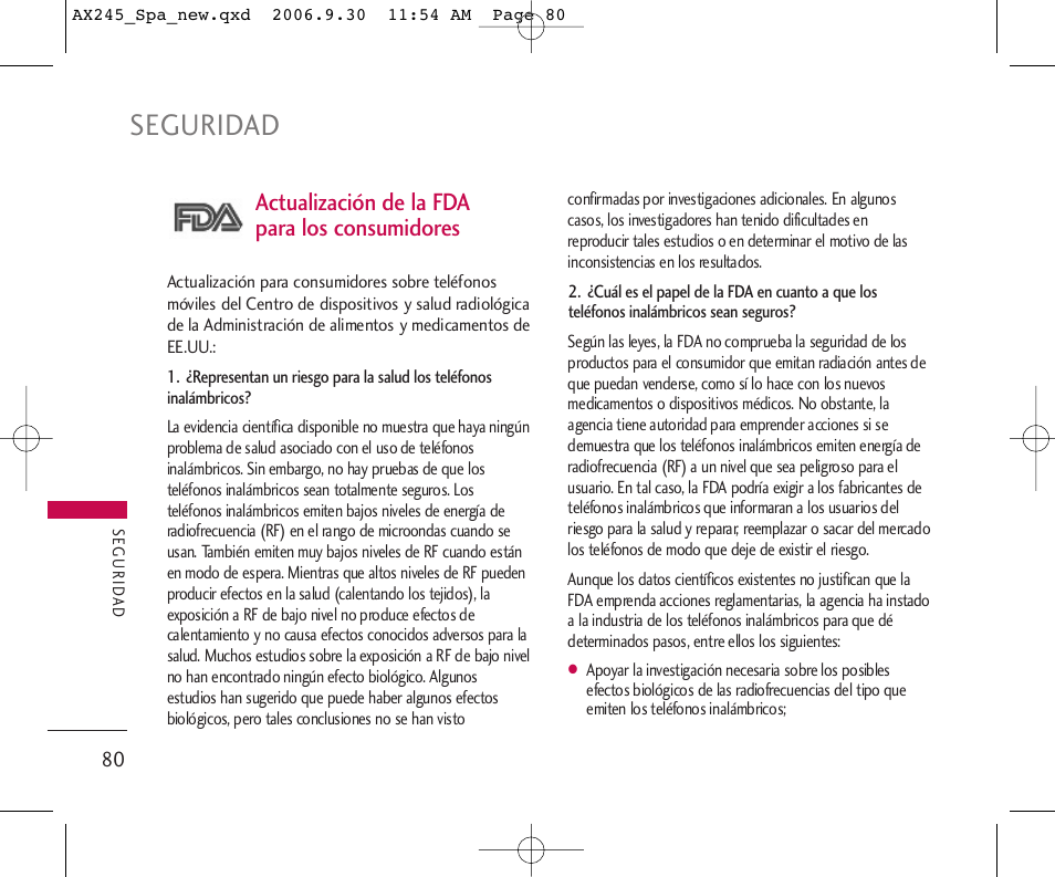 Seguridad, Actualización de la fda para los consumidores | LG AX245 User Manual | Page 181 / 200