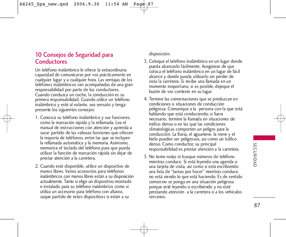 10 consejos de seguridad para conductores | LG AX245 User Manual | Page 188 / 200