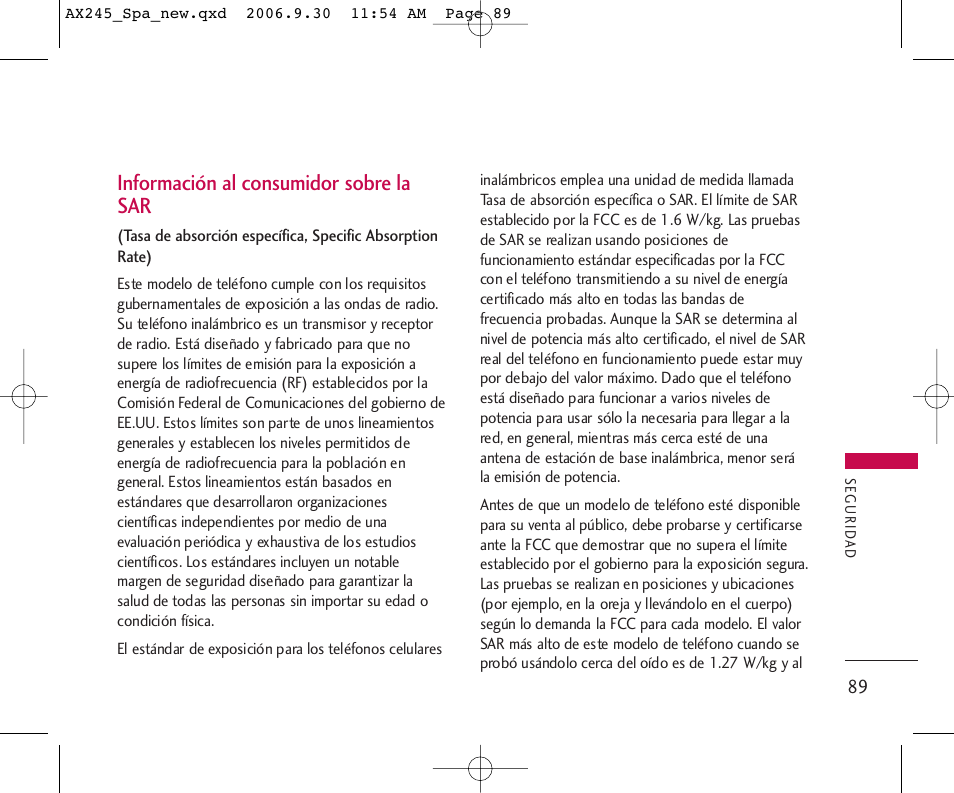 Información al consumidor sobre la sar | LG AX245 User Manual | Page 190 / 200