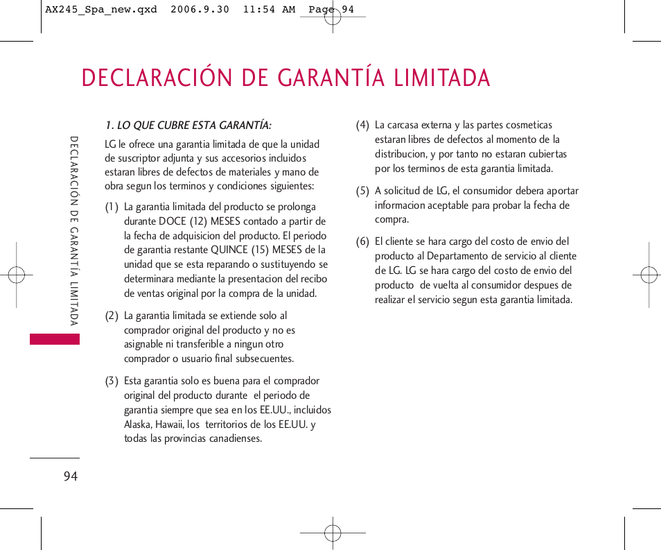 Declaración de garantía limitada | LG AX245 User Manual | Page 195 / 200