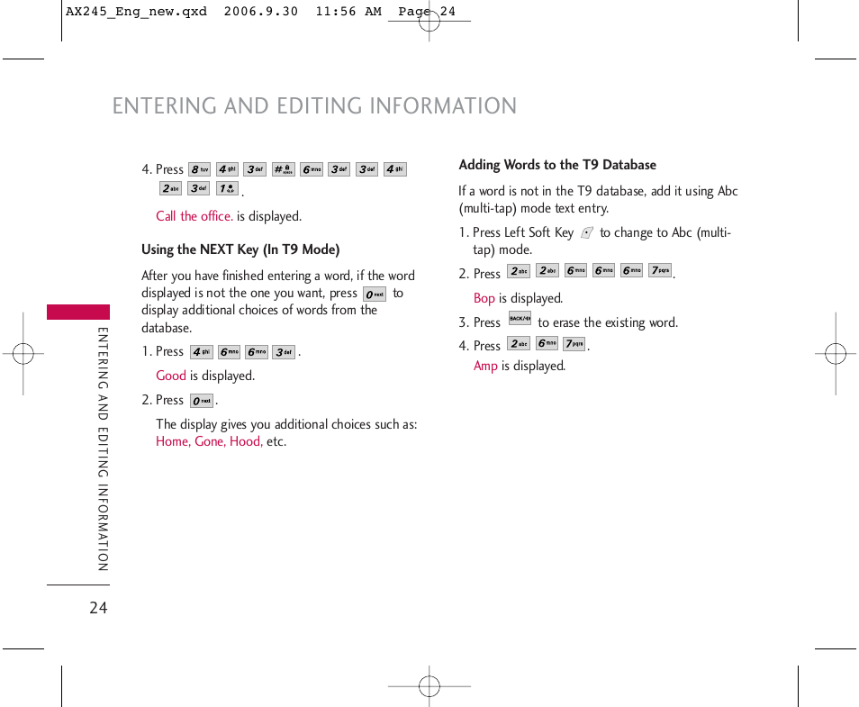 Entering and editing information | LG AX245 User Manual | Page 26 / 200