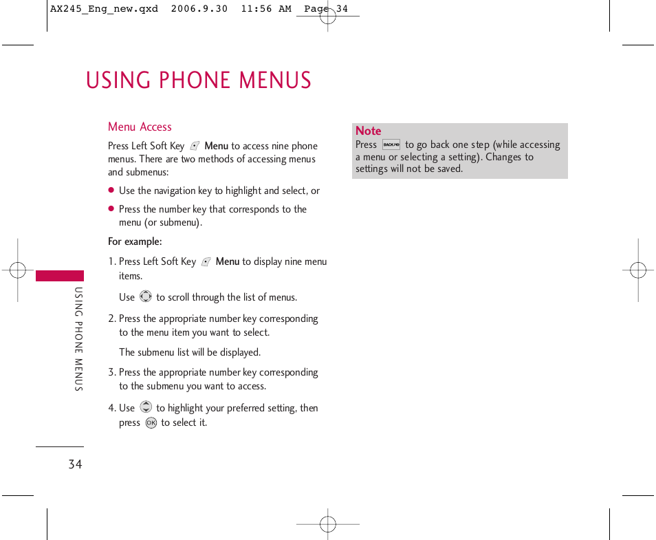 Using phone menus | LG AX245 User Manual | Page 36 / 200