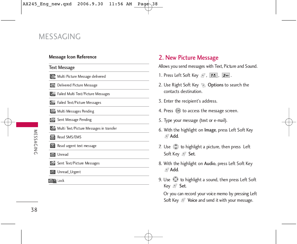 Messaging, New picture message | LG AX245 User Manual | Page 40 / 200
