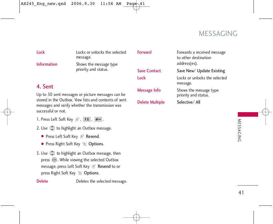 Messaging, Sent | LG AX245 User Manual | Page 43 / 200