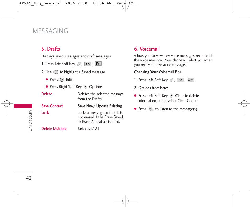 Messaging, Drafts, Voicemail | LG AX245 User Manual | Page 44 / 200