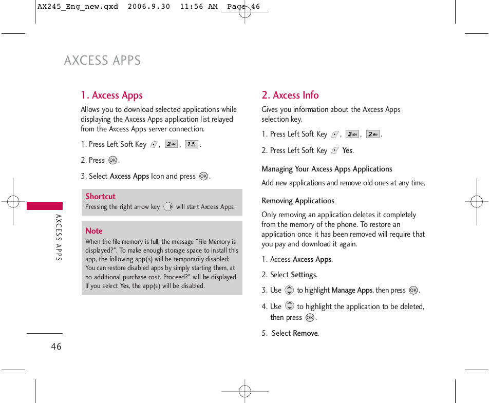 Axcess apps, Axcess info | LG AX245 User Manual | Page 48 / 200