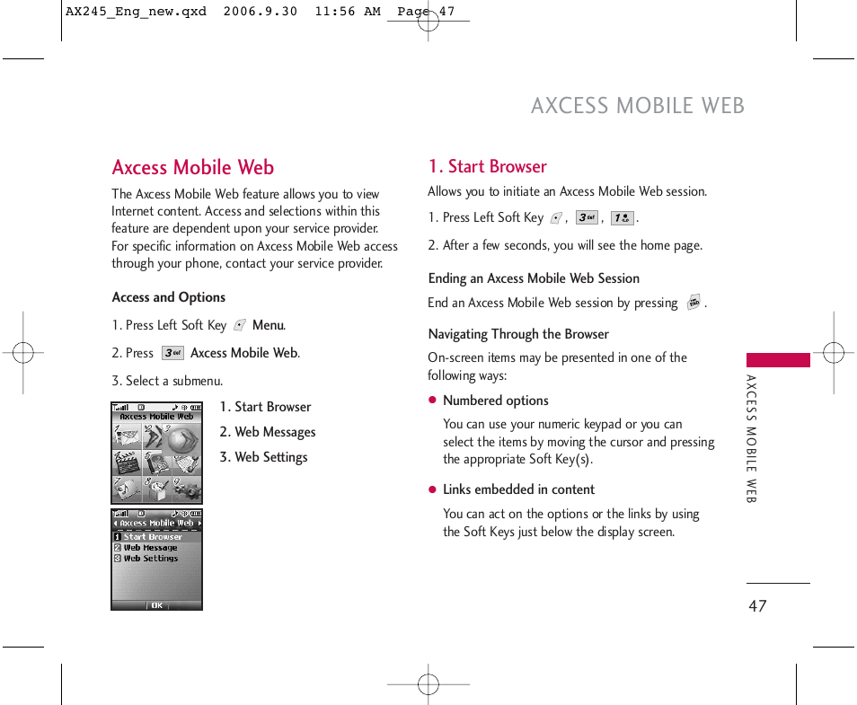 Axcess mobile web, Start browser | LG AX245 User Manual | Page 49 / 200