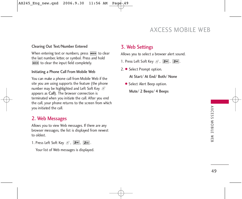 Axcess mobile web, Web messages, Web settings | LG AX245 User Manual | Page 51 / 200