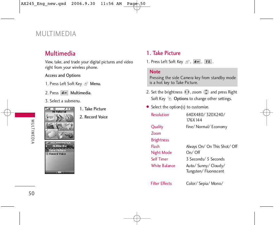 Multimedia, Take picture | LG AX245 User Manual | Page 52 / 200