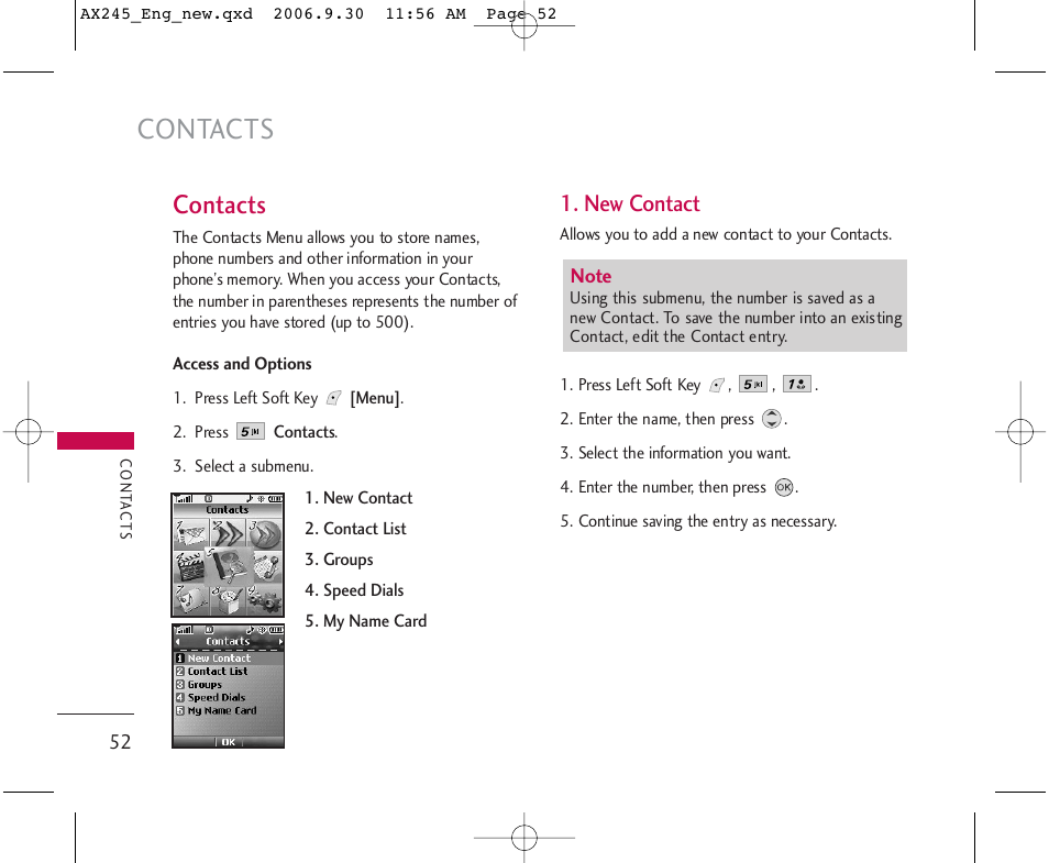 Contacts, New contact | LG AX245 User Manual | Page 54 / 200