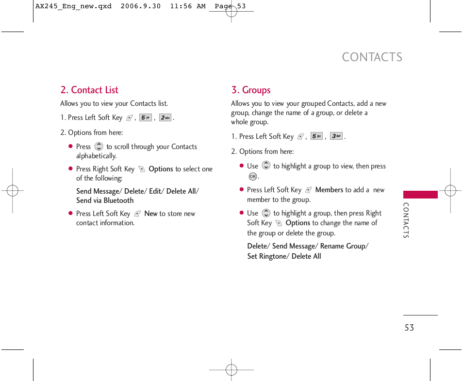 Contacts, Contact list, Groups | LG AX245 User Manual | Page 55 / 200