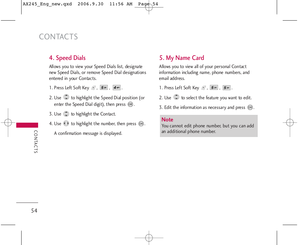 Contacts, Speed dials, My name card | LG AX245 User Manual | Page 56 / 200