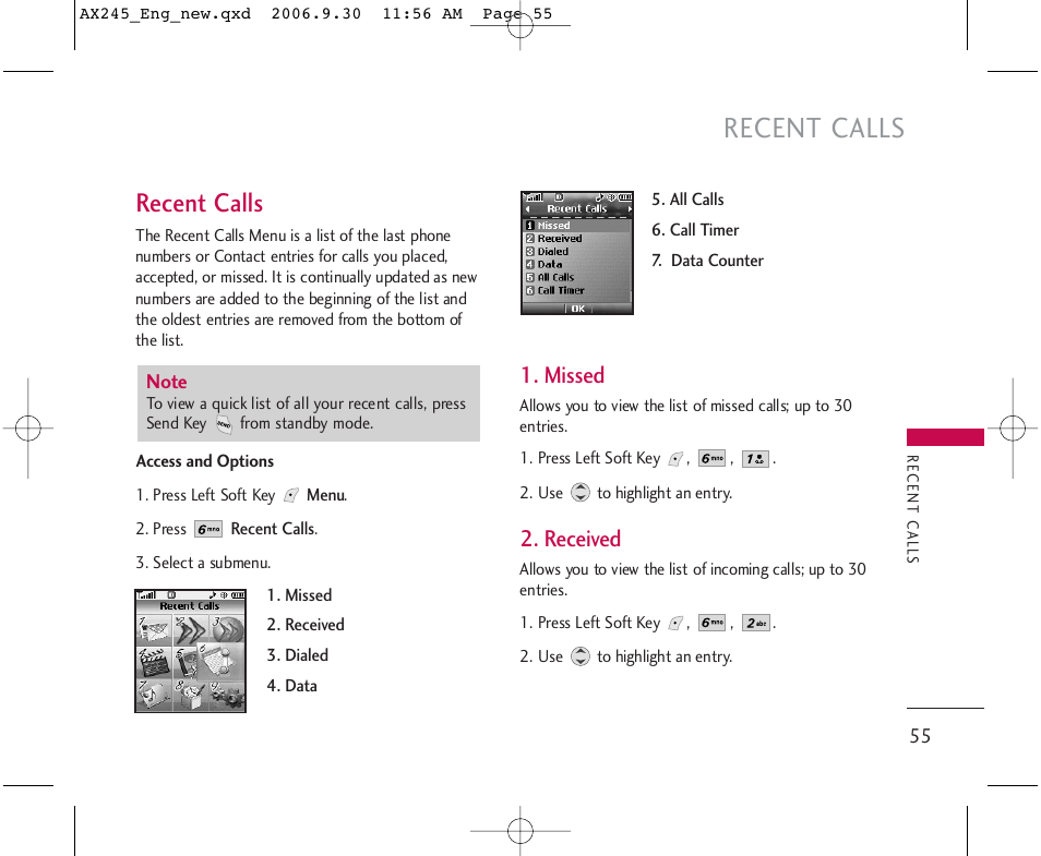 Recent calls, Missed, Received | LG AX245 User Manual | Page 57 / 200