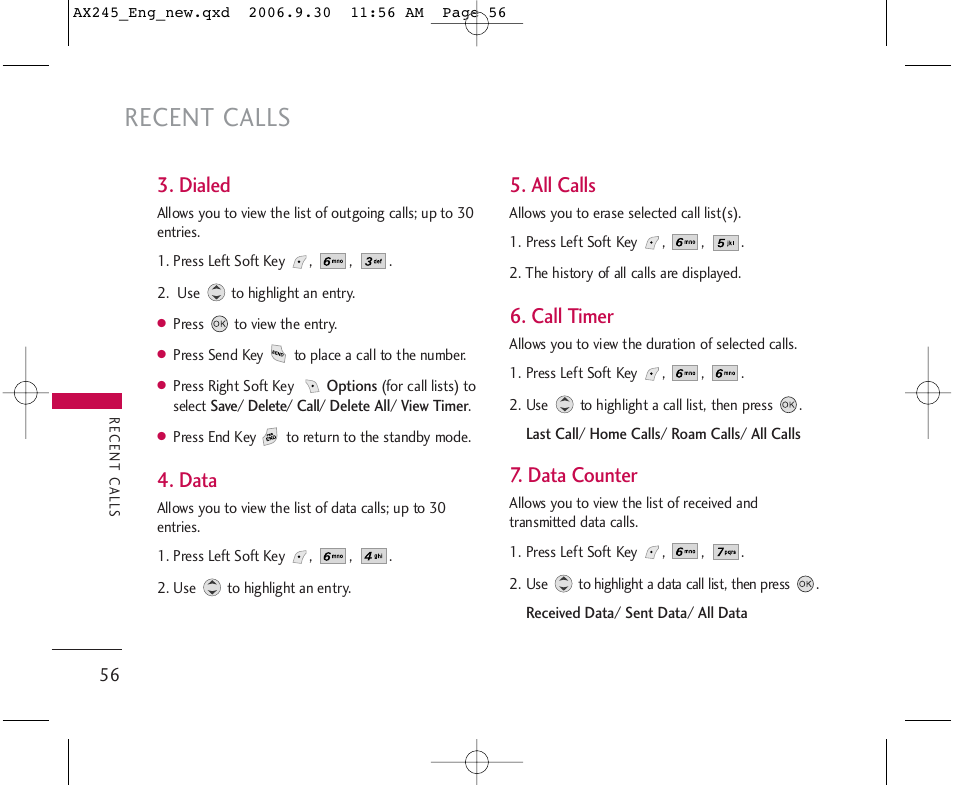 Recent calls, Dialed, Data | All calls, Call timer, Data counter | LG AX245 User Manual | Page 58 / 200