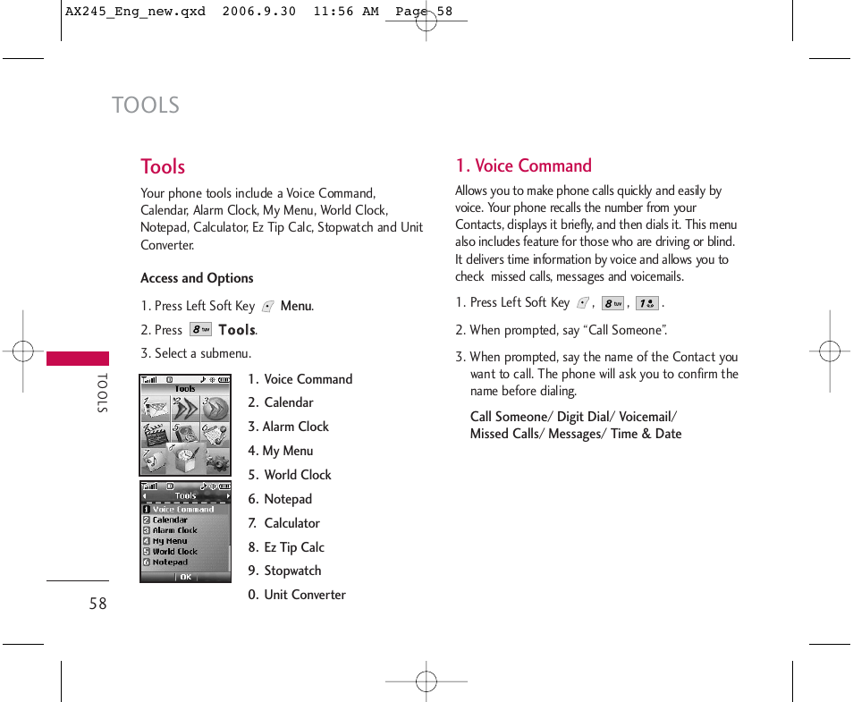 Tools, Voice command | LG AX245 User Manual | Page 60 / 200