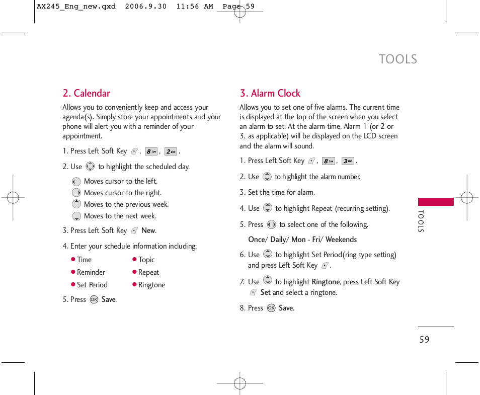 Tools, Calendar, Alarm clock | LG AX245 User Manual | Page 61 / 200