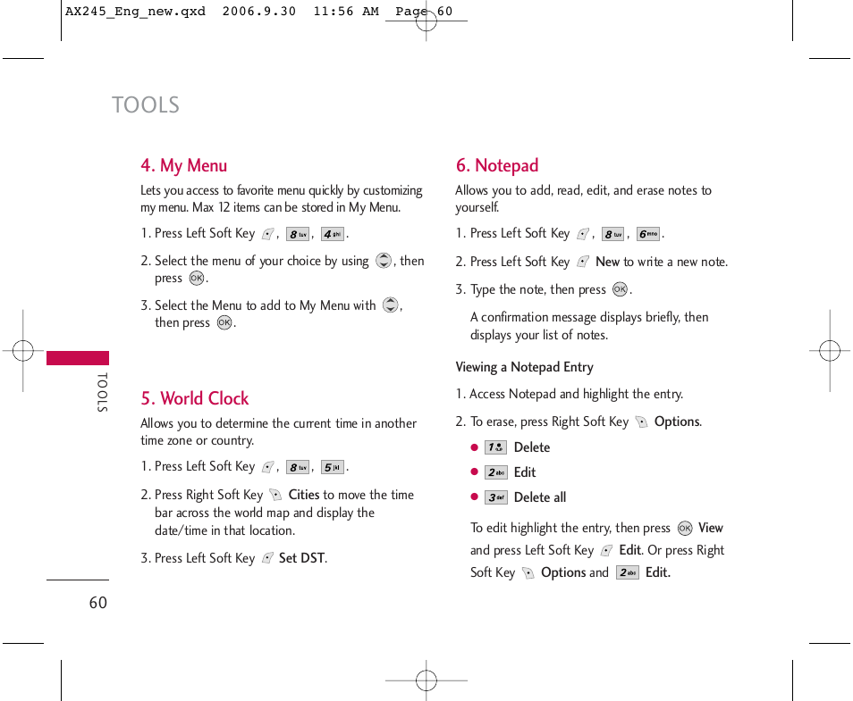 Tools, My menu, World clock | LG AX245 User Manual | Page 62 / 200