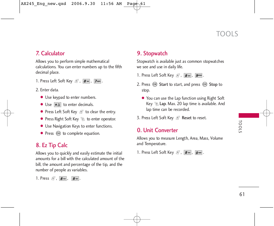 Tools, Calculator, Ez tip calc | Stopwatch, Unit converter | LG AX245 User Manual | Page 63 / 200