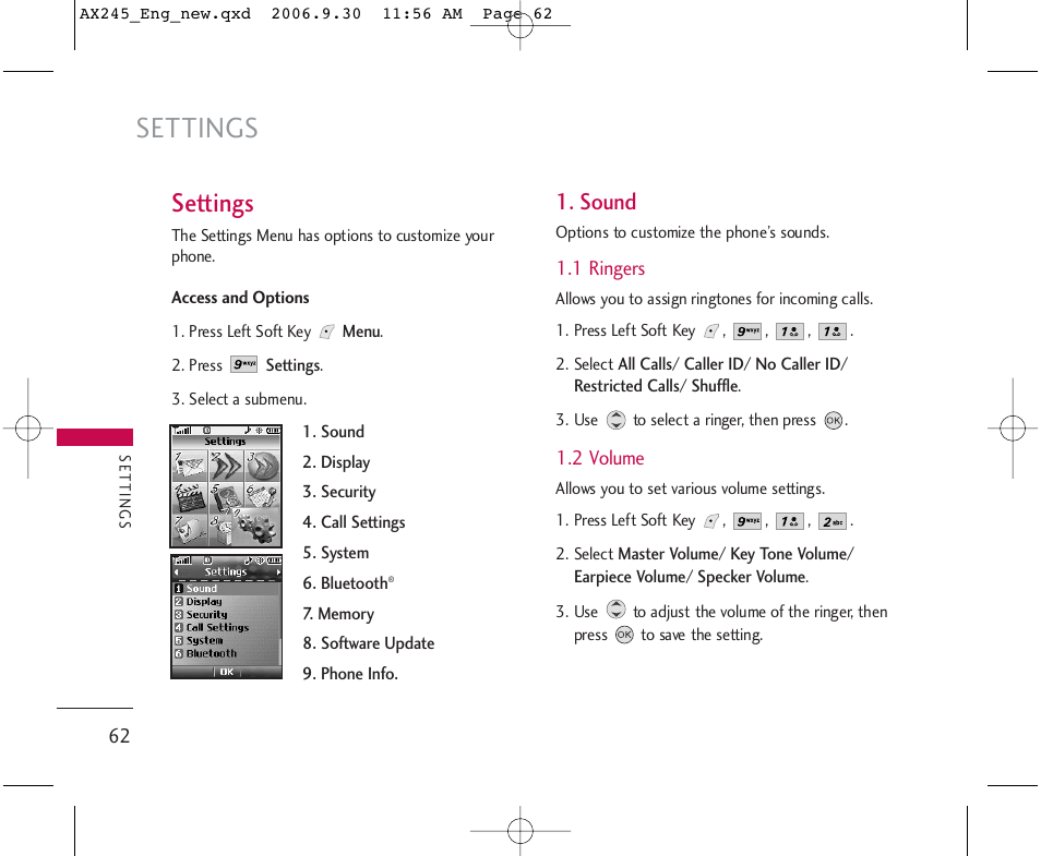 Settings, Sound | LG AX245 User Manual | Page 64 / 200