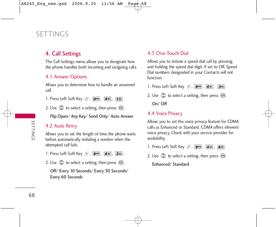 Settings, Call settings | LG AX245 User Manual | Page 70 / 200
