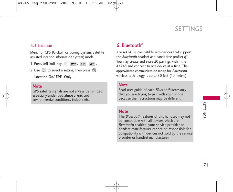 Settings, Bluetooth | LG AX245 User Manual | Page 73 / 200