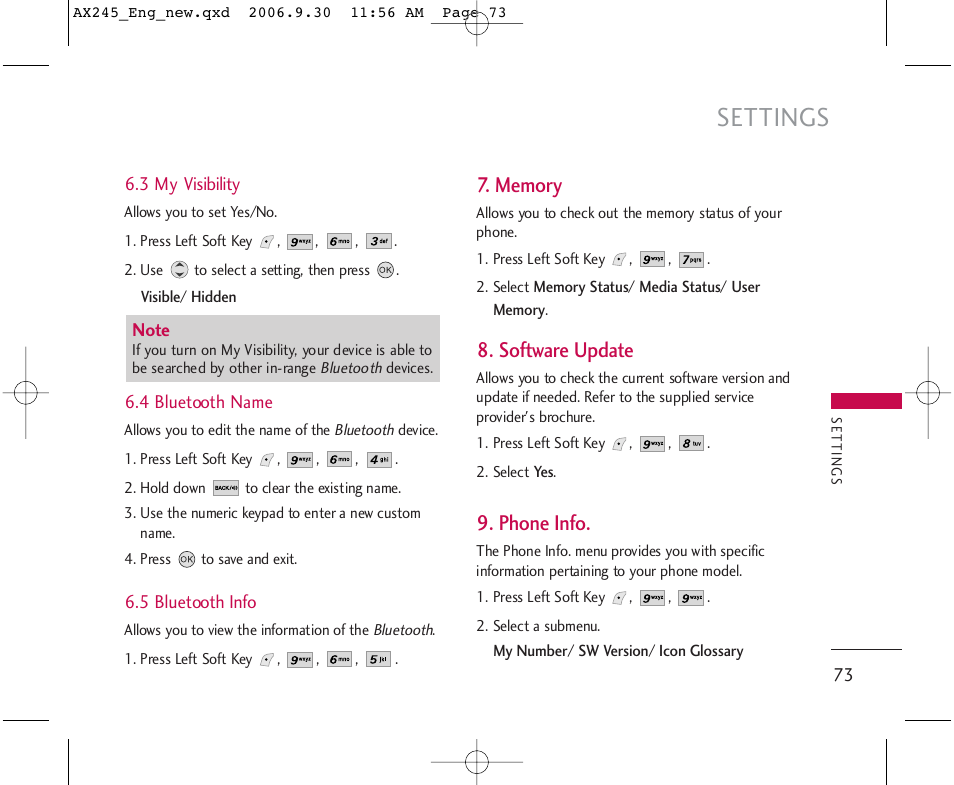 Settings, Software update, Phone info | LG AX245 User Manual | Page 75 / 200