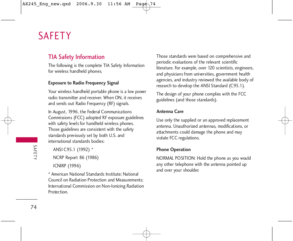 Safety, Tia safety information | LG AX245 User Manual | Page 76 / 200