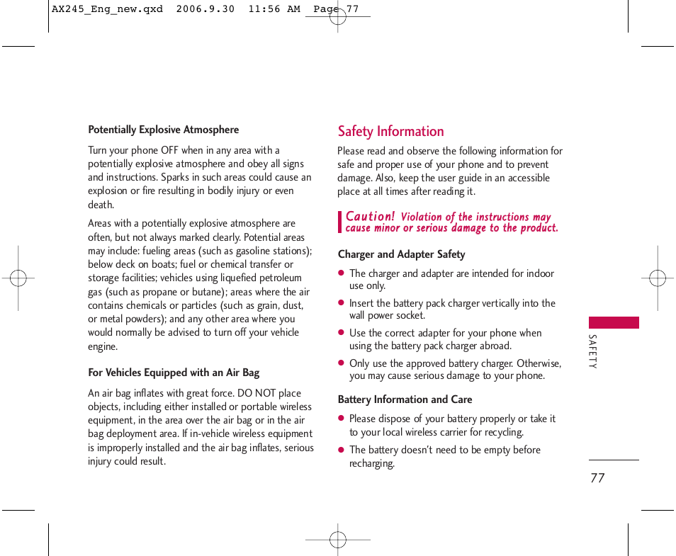 Safety information, Ccaauuttiioonn | LG AX245 User Manual | Page 79 / 200