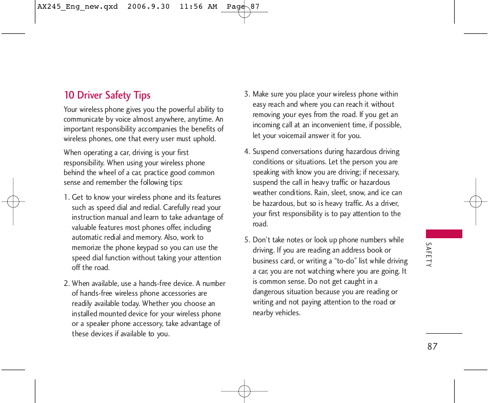10 driver safety tips | LG AX245 User Manual | Page 89 / 200