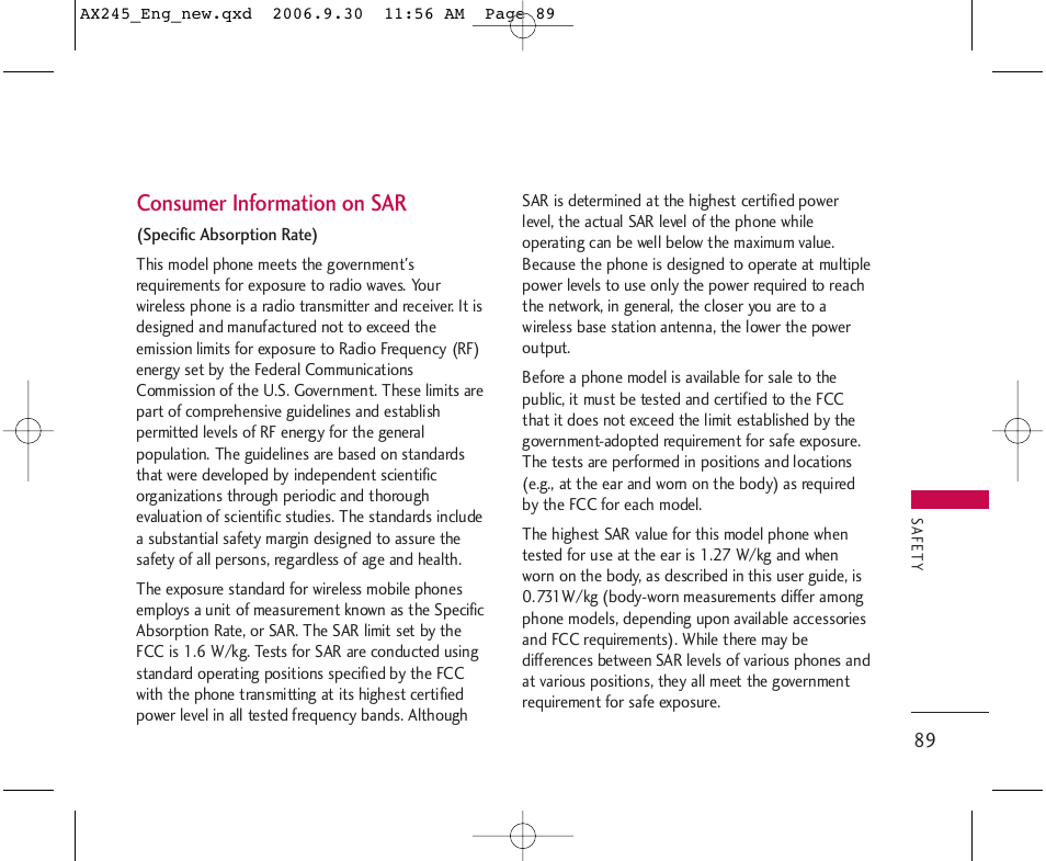 Consumer information on sar | LG AX245 User Manual | Page 91 / 200