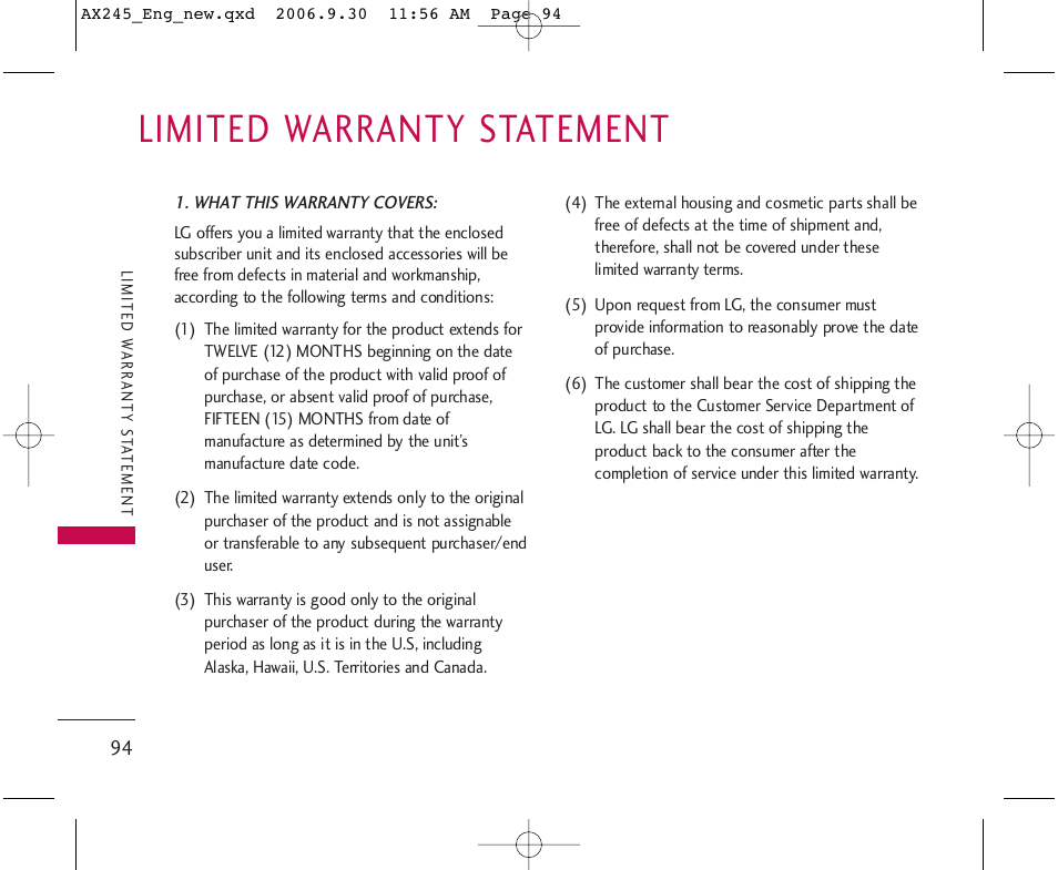 Limited warranty statement | LG AX245 User Manual | Page 96 / 200