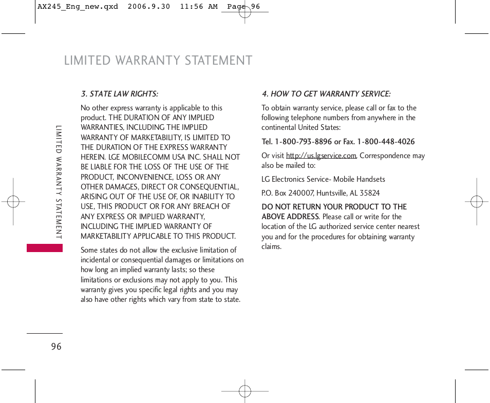 Limited warranty statement | LG AX245 User Manual | Page 98 / 200