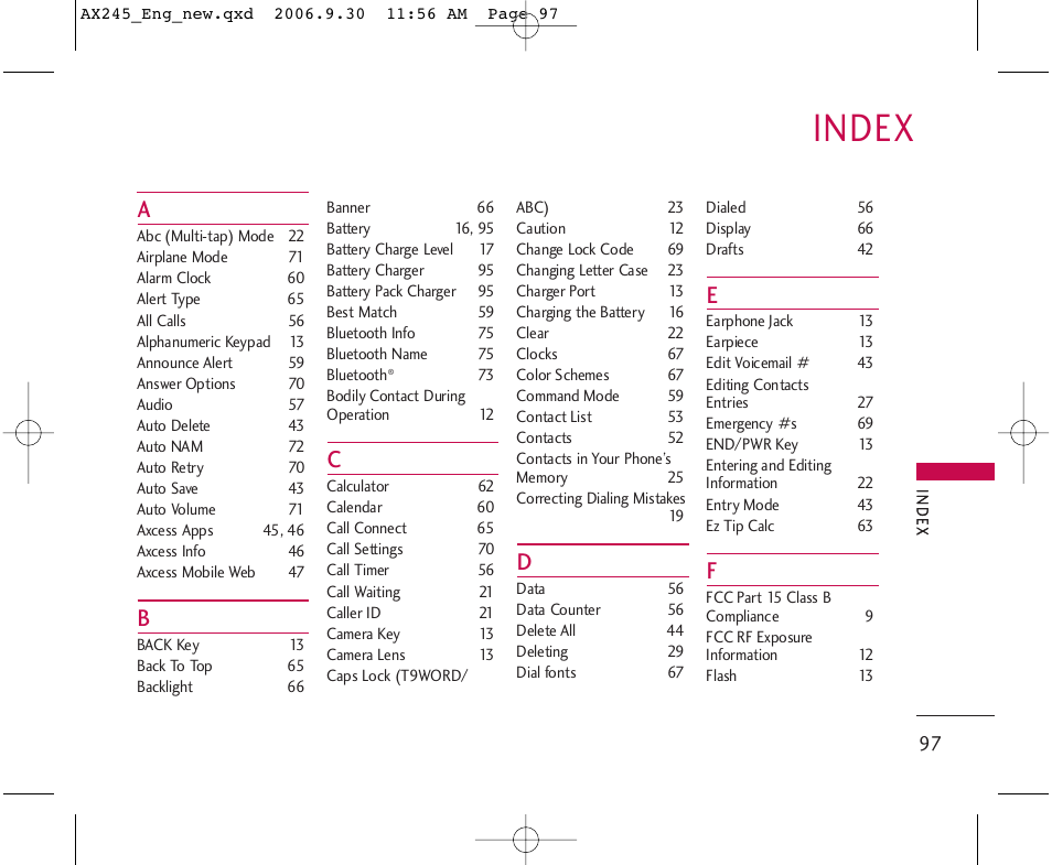 Index | LG AX245 User Manual | Page 99 / 200