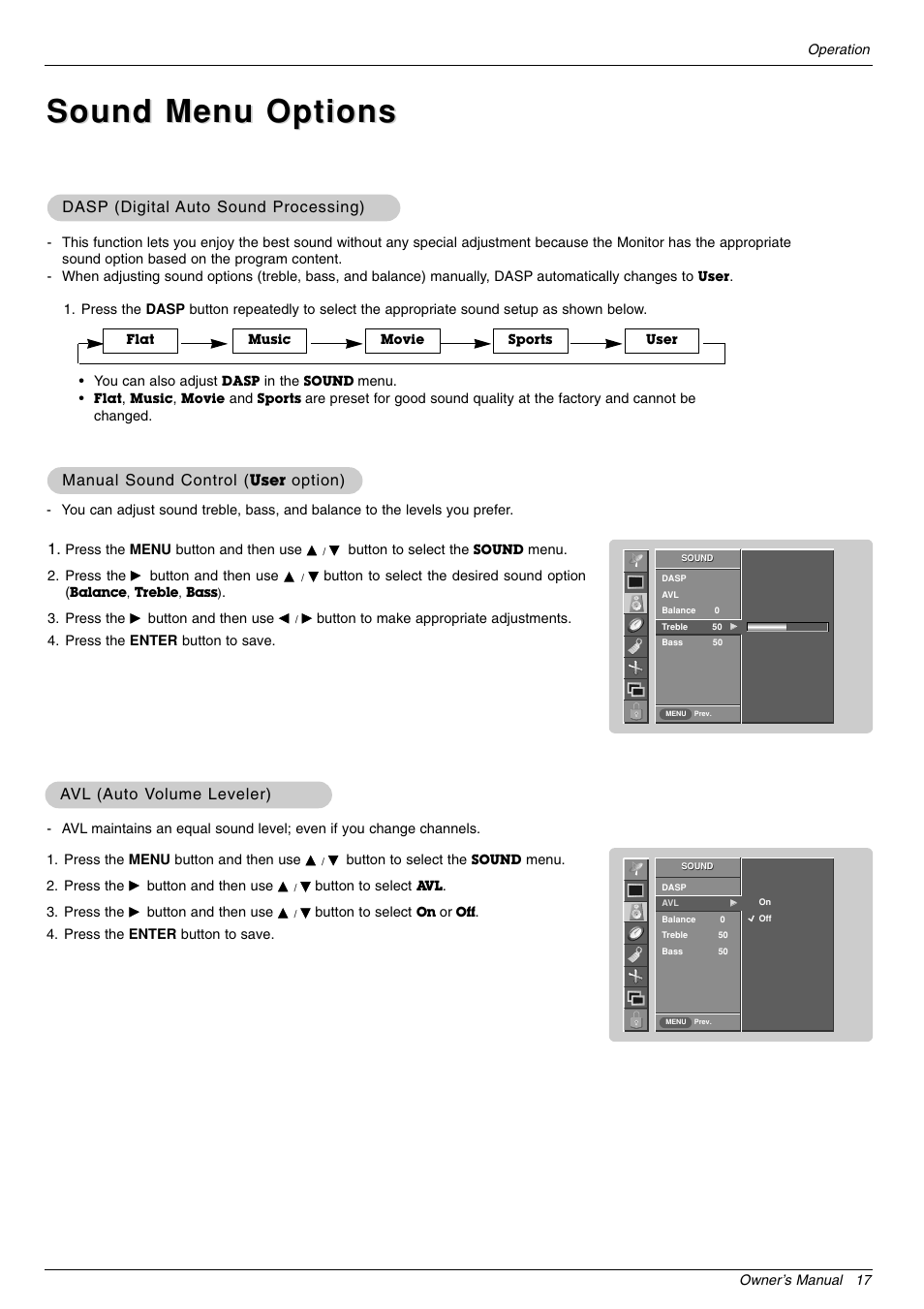 Sound menu options | LG 44VK MU-42 User Manual | Page 17 / 39