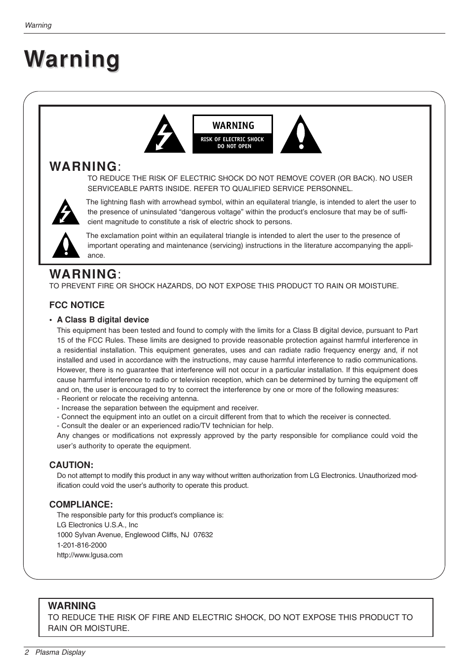 Warning arning, Warning | LG 44VK MU-42 User Manual | Page 2 / 39