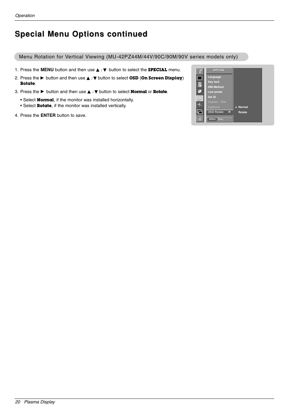 Special menu options continued, Menu rotation for v | LG 44VK MU-42 User Manual | Page 20 / 39